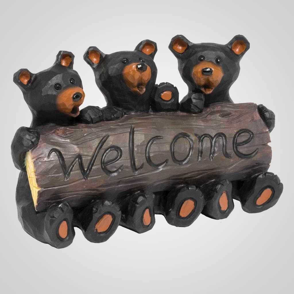 Bear Welcome Log Figurine Adorable Faux Wood-Carved Bear Sitting on Log Holding Welcome Sign Rustic Cabin Lodge Home Porch or Entryway Decoration, 4" x 6"