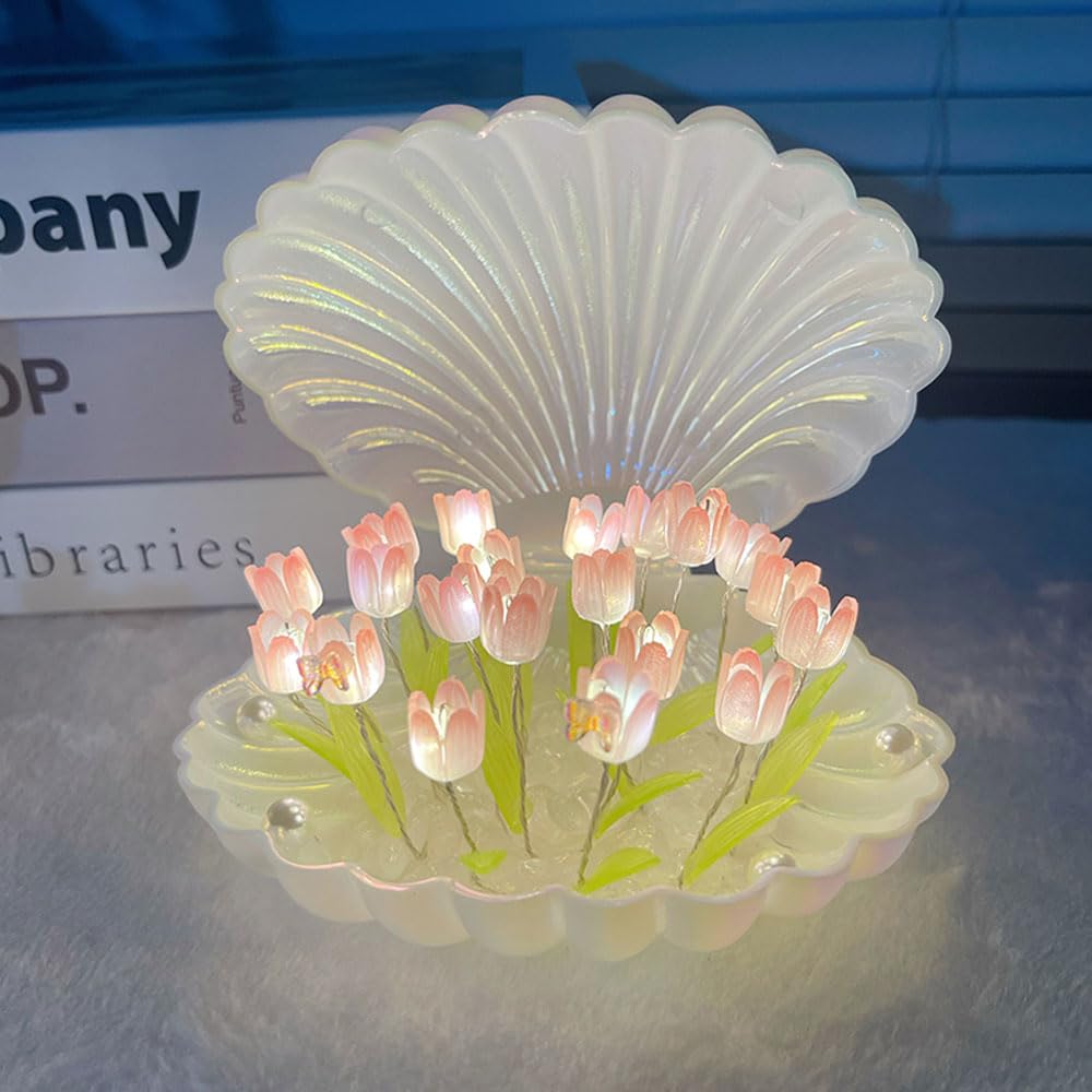 SWEXURY Tulip Night Light Flower Lamp Shell Light,Tulips Bedroom Table Lamps,Christmas Birthday Gifts for Women Her Girlfriend Wife Sister Girls Children Home Decor