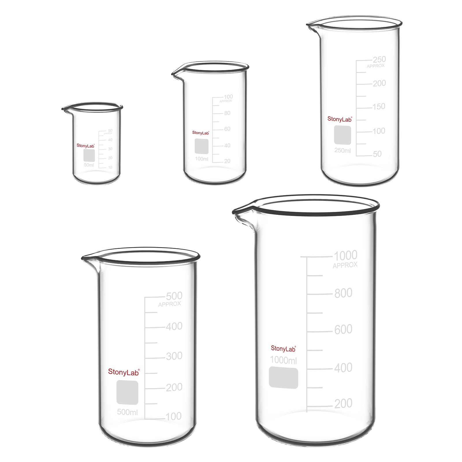 stonylab Ensemble de Béchers Hauts, 5 Pièces, Bécher en Verre avec Graduation, Verre Borosilicaté Durable, Bécher Haut Idéal pour Laboratoire, Chimie et Utilisation Éducative en Sciences