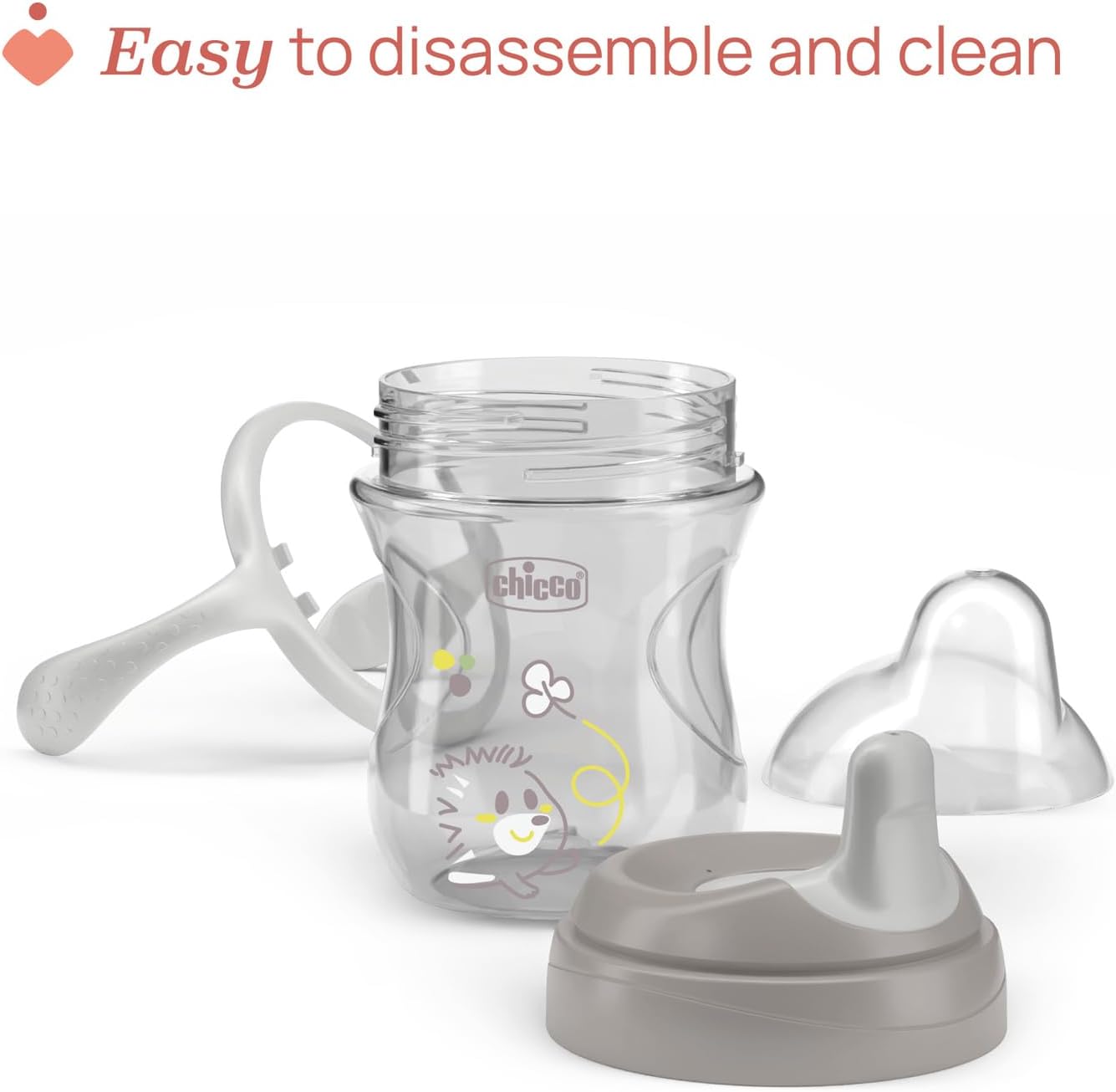 Chicco Training Cup, Drip Free Plastic Training Cup for a Child, Learning to Drink, Ergonomic Semi-Soft Spout, Removable Valve and Handles, 6+ Months, BPA Free, Grey