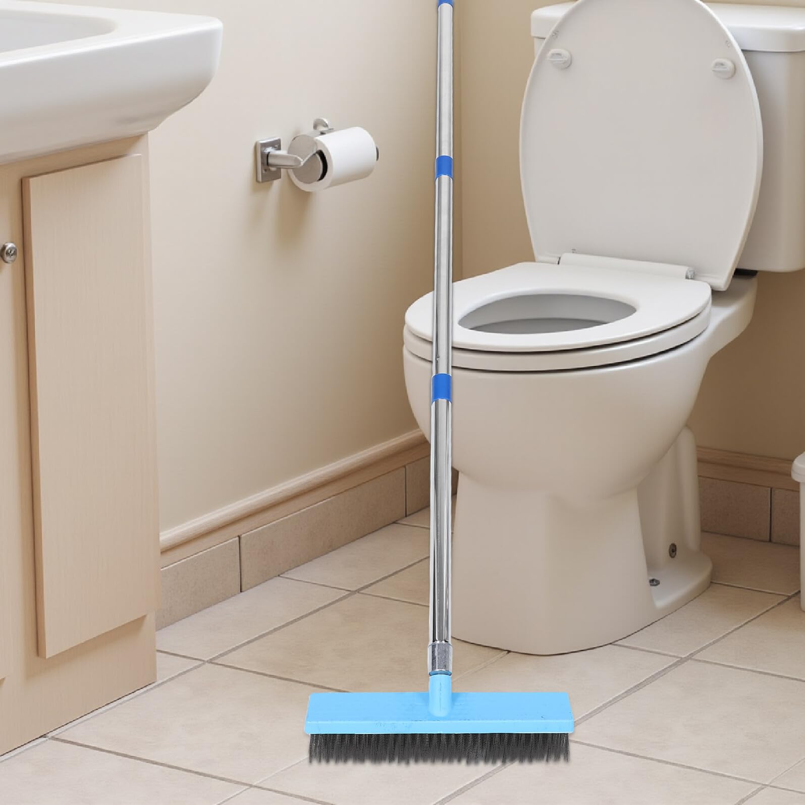Toyvian Cepillo de Limpieza para Suelos de Baño con Mango Largo de 16 M Cerdas Duras de Acero Inoxidable 30 CM Adecuado para Azulejos Lechada y Ducha Fregadora Resistente para