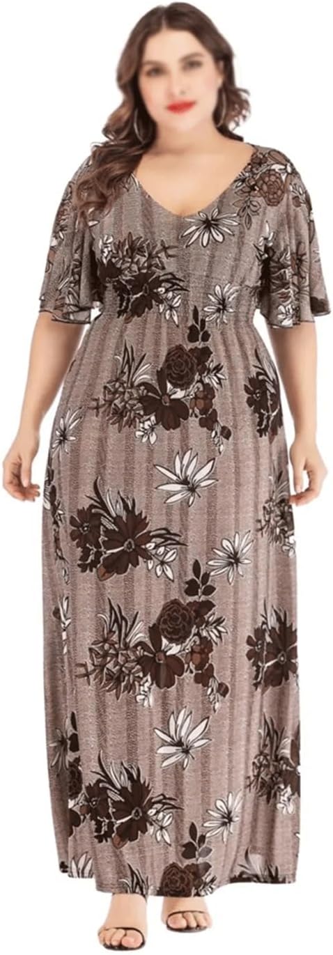 JSEIAJB Dress Women V Neck Flare Short Sleeve Floral Print Vintage Dress Elastic High Waist Tunic Beach Dresses