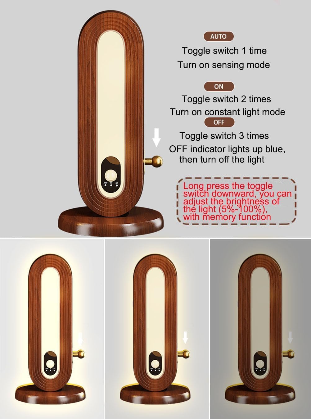 EaEa LED Kabellos Holz Tischlampe mit Bewegungsmelder, Akku Nachttischlampe Tischleuchte 4000K Warmweiß USB Aufladbar 3W Magnetisch Nachtlicht für Wand, Schreibtisch, Schlafzimmer, Treppenlicht,B