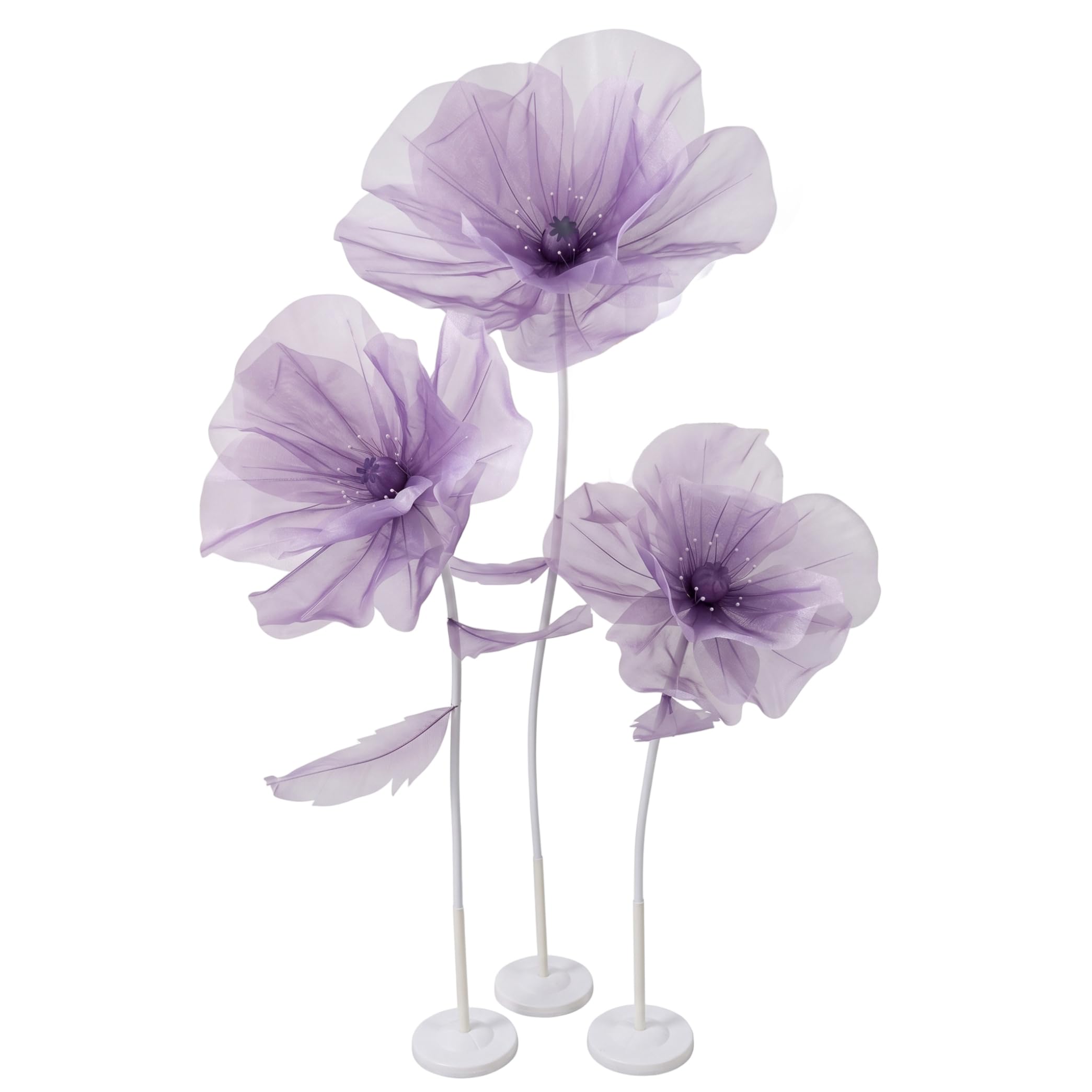 Bemonew Large Paper Flowers, 3 Head Giant Organza Flower with Stand, Large Flower Backdrop Decoration for Garden, Hotel, Photography Props, Wedding, Purple
