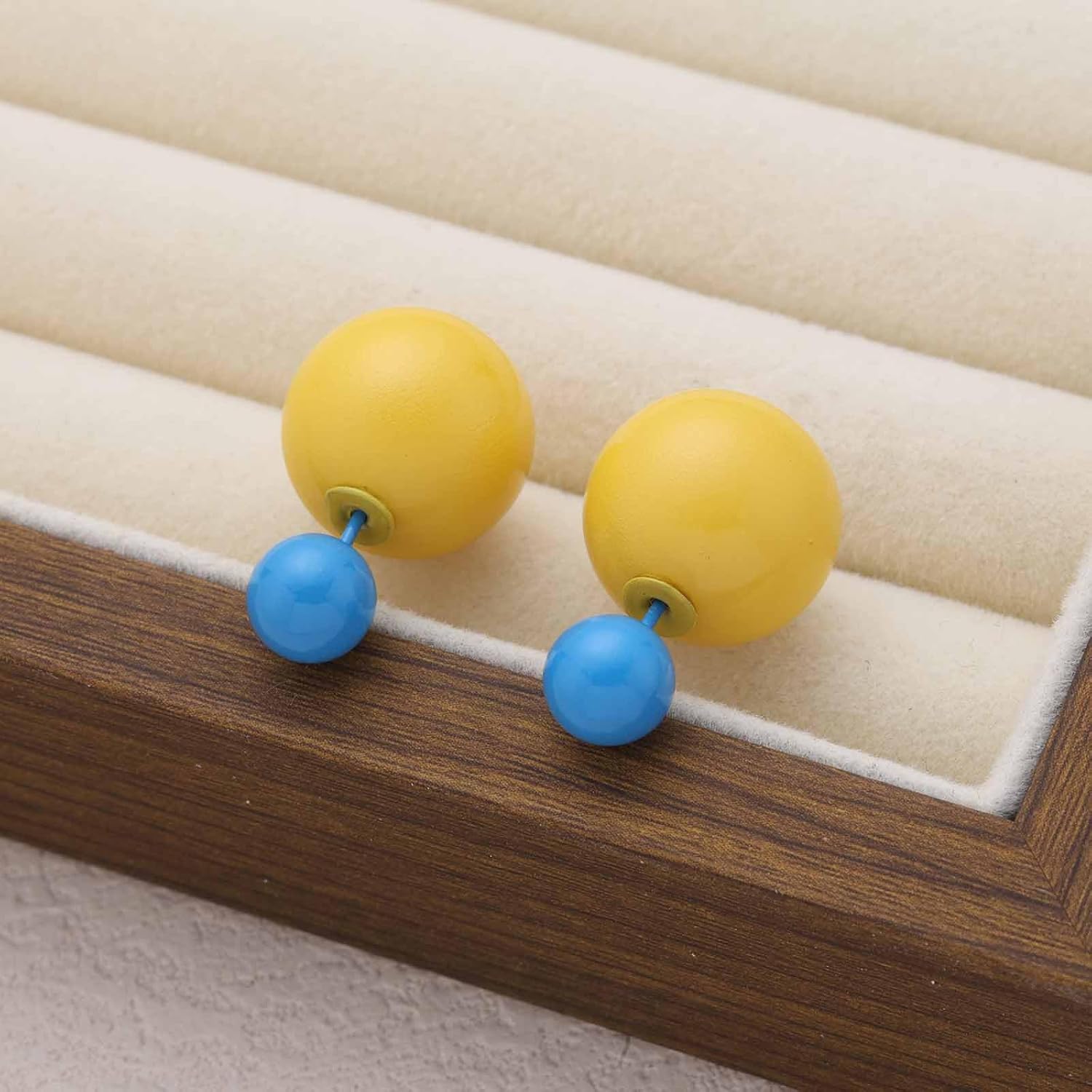 Vintage Round Ball Ear Jacket Earrings Double Ball Stud Earrings Large Bead Double Sided Earrings Blue Yellow Bead Front Back Earring Minimalist Statemrnt Jewelry for Women - Image 7