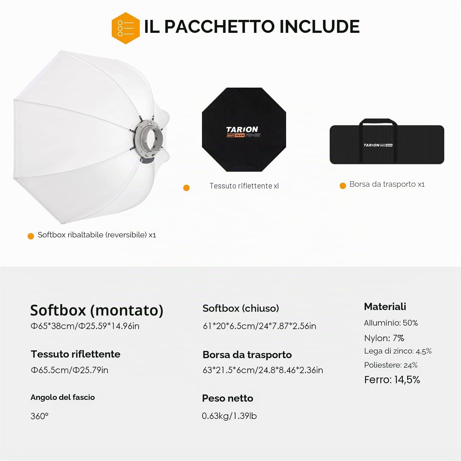 TARION Softbox Fotografico Bowens per Studio: Softbox Fotografia a Sgancio Rapido per Luci COB Video Blitz con Borsa da Trasporto Compatibile(65cm)