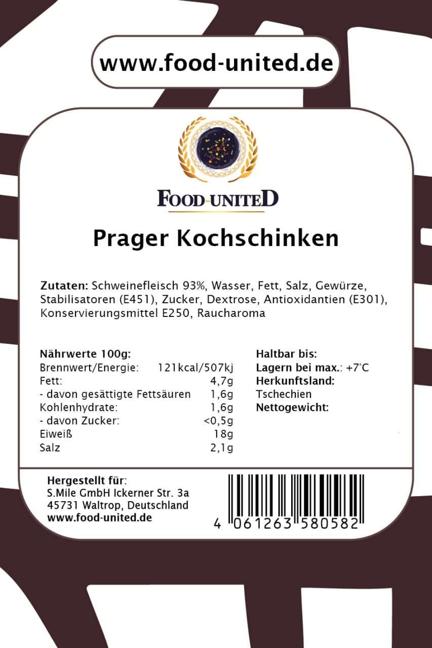 Food-United PRAGER SCHINKEN Original 500g Praga-Kochschinken geschnitten Prazska Sunka aus Tschechien vom Schweine-Hinter-Kochschinken passend für die böhmische Küche Sauerkraut und Knödel (1)