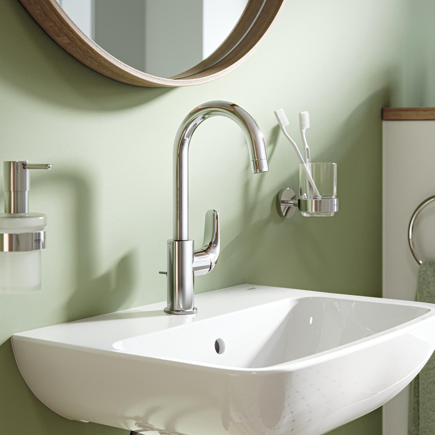 GROHE Swift, Waschtischarmatur hoch, wassersparend (Wasserhahn für das Bad, Badarmatur mit Zugstangen-Ablauf, 31cm hoch, mit 3in1 Werkzeug, einfache Installation am Waschbecken), chrom, 24330001