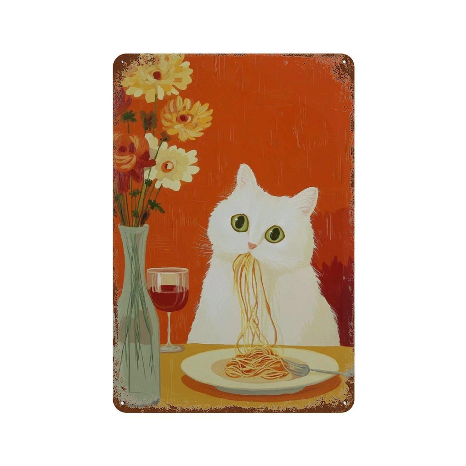 xiaoxiaoshen Cat Eating Spaghetti Funny Kitchen Whimsical Dining Cute Animal Pasta Quirky Foo Wall Decor Art Metal Tin Poster Modern Home Decor Art Home Bar Shop Decorations Vintage Sign 30x20cm