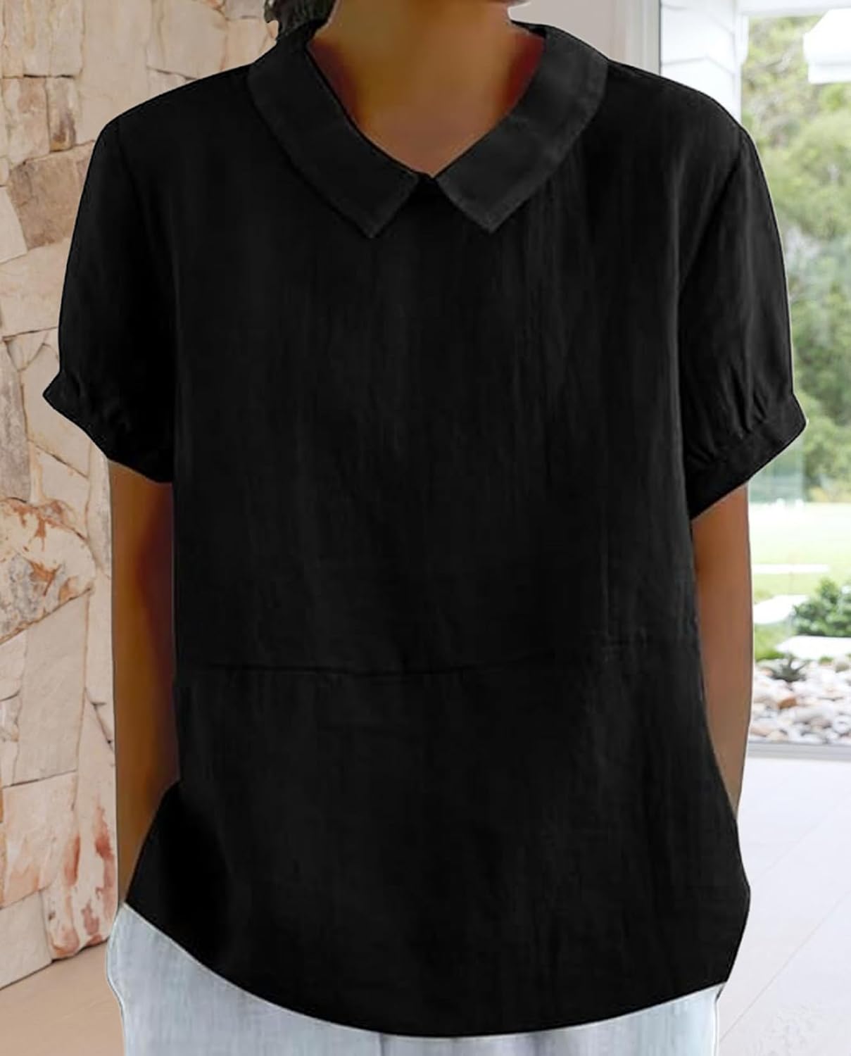 Boho Cotton Shirt for Womens Floral Printed Short Sleeve Summer Linen Shirts Casual Collared Trendy Blouse Tops - Image 2