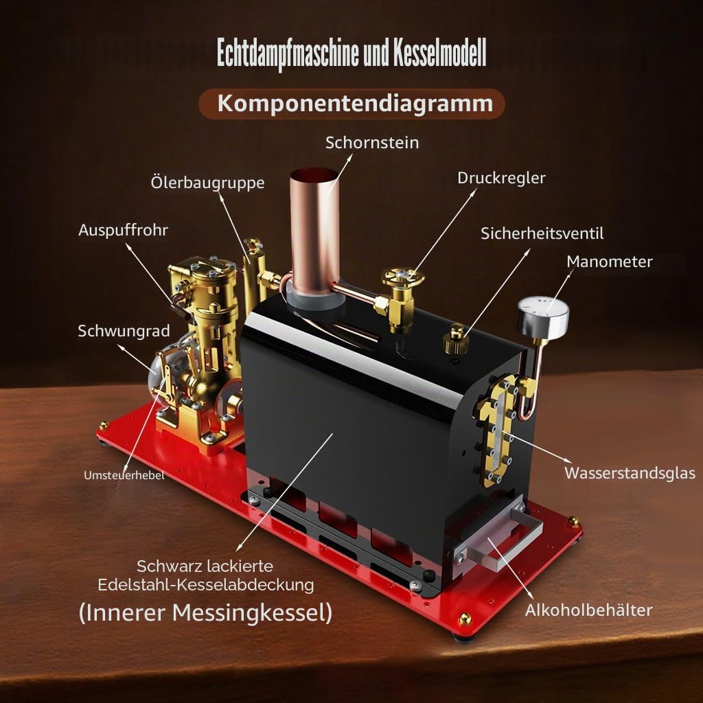 Dampfmaschinen Modellbausatz Der Funktioniert, RW-BL1K Mini Reversible Einzylinder Modellboote Live-Dampfmaschine mit Messingkessel für Dampfkraft Demonstration & Schreibtischdekoration