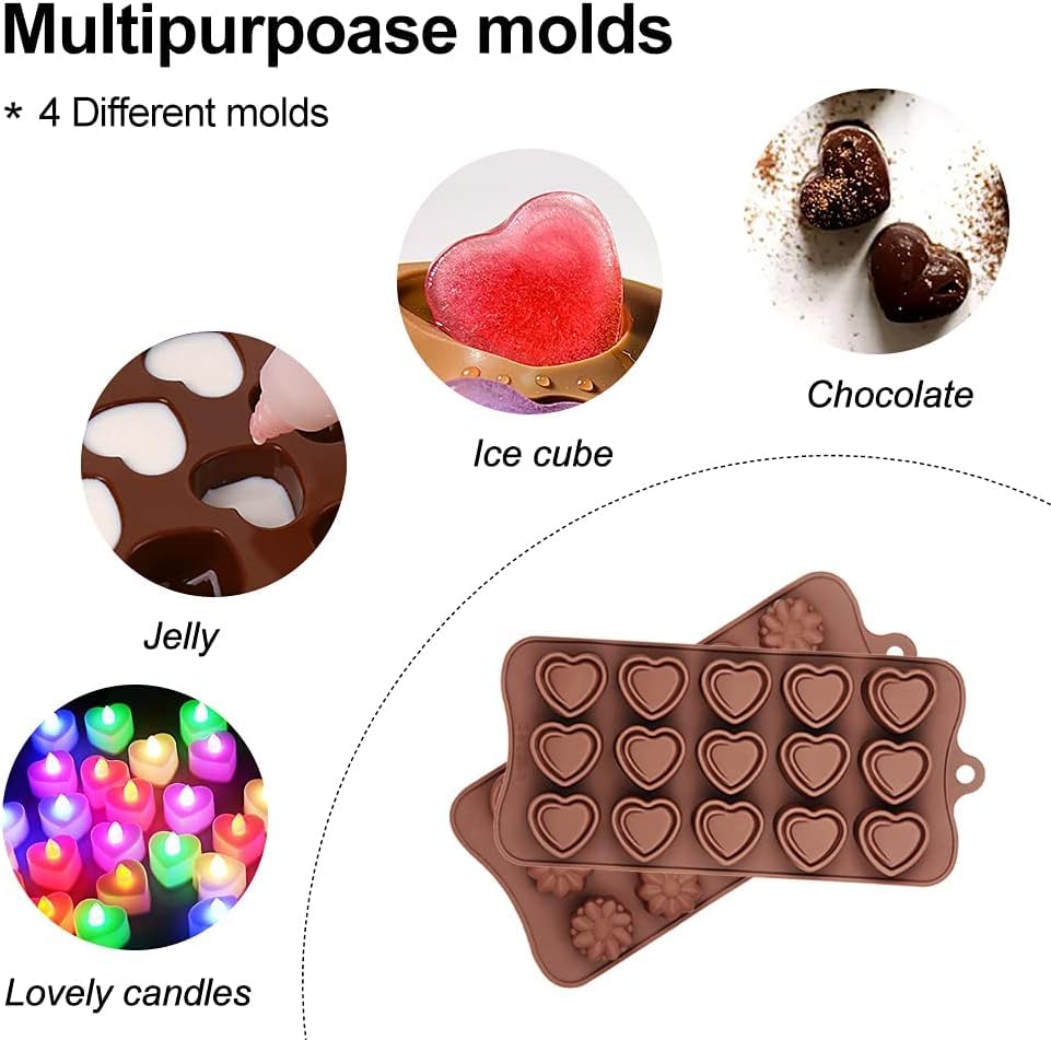 Image of 4 Pcs Silicone Chocolate Molds, Non-Stick Candy Molds for Making Bite Size Chocolates, Candies, Truffles, Gummies, Jelly (Heart, Sunflower, Rose, Square, Swirl Shaped)