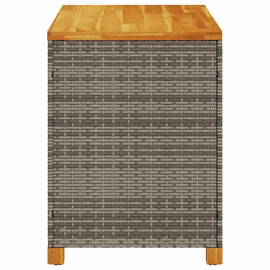 Skrzynia ogrodowa, szara, 110 x 55 x 63 cm, polirattanowa z blatem z drewna akacjowego, wodoodporna skrzynia ogrodowa z pokrywką, pudełko do przechowywania na taras i balkon, odporna na