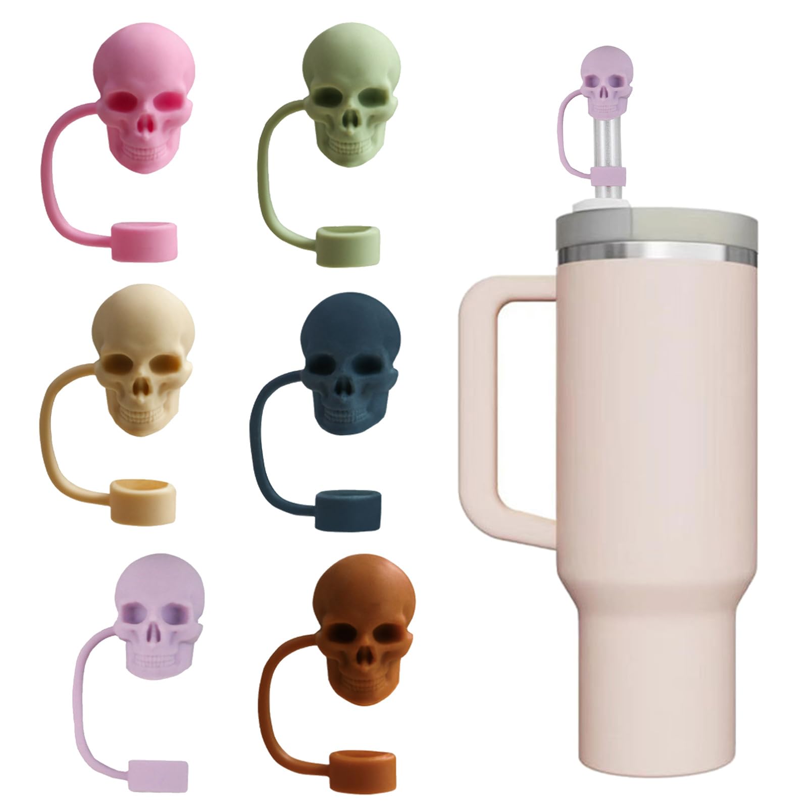 HUANGENG Set of 6 Unique Straw Stoppers Adorment Colorful Silicones Straw Lid Skull Shaped Straw Plug Drinkware Accessorys