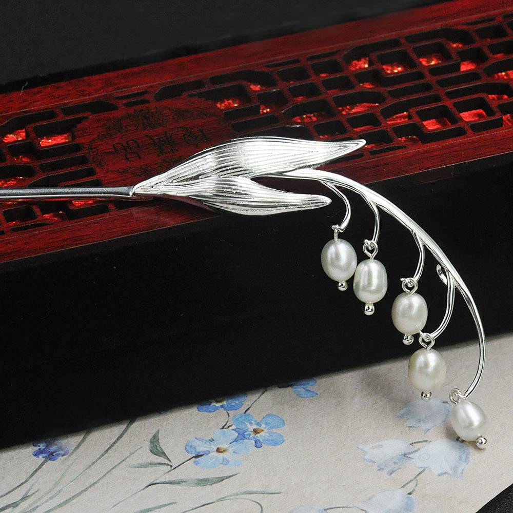 Gioielli per capelli cinesi, Bastoncini for capelli cinesi in argento 925 for capelli lunghi da donna, ciondolo con perla e ramo di fiori, spilla antica fatta a mano, squisiti accessori for capelli vi