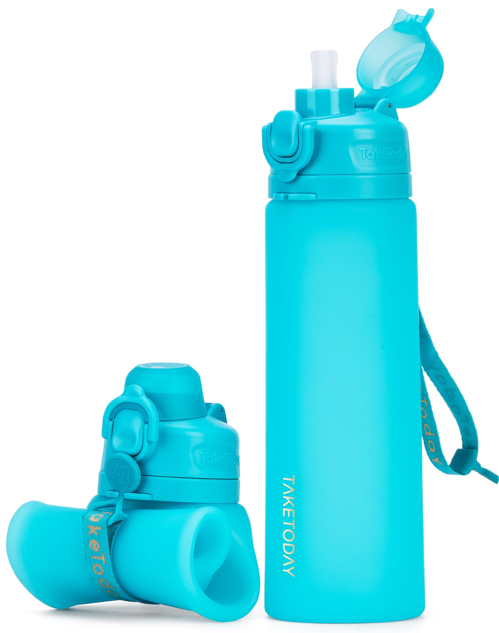 TakeToday Collapsible Water Bottles 20oz, Leak Proof, BPA-Free, Foldable Silicone Travel Water Bottle with Straw Strap for Cycling, Hiking, Outdoors