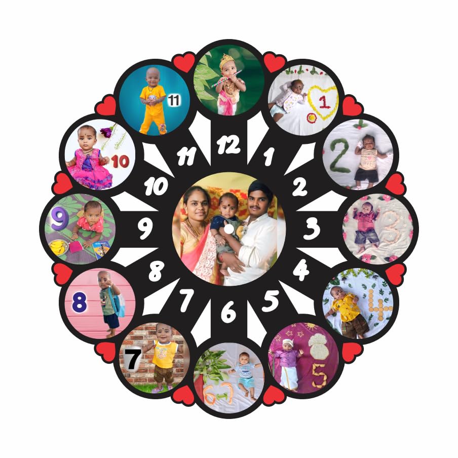 the magical gifts baby monthly milestone mdf wall clock – custom 12 photo personalized analog wall clock with family picture | unique newborn memory gift, birthday & baby shower home decor – 12x12 in