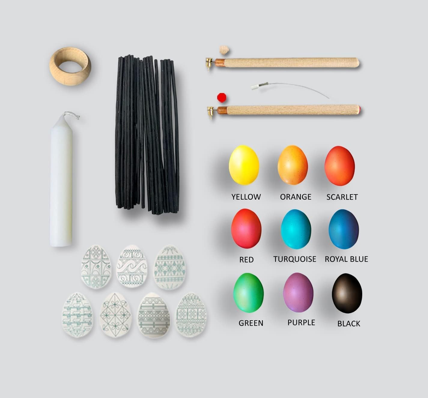 SOLOVEIKO Ukrainian Pysanka Easter Egg Decorating Kit #2, Pysanky Tradional Art Supply with 2 Kistkas Hot Wax Pens (Fine+Heavy), Beeswax spaghety Stick 30-Pack, 9 Dyes, Stand, Cleaning Wire