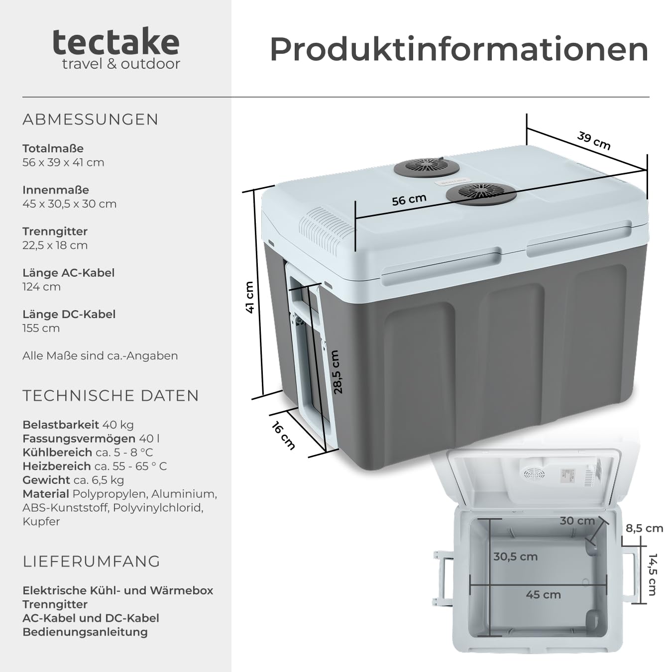 tectake® elektrische Kühlbox groß 40 L, Kühl- und Warmhaltefunktion, leise Kühltasche elektrisch, für Auto oder Steckdose, mini Kühlschrank für Camping, Getränke, Thermobox mit Strom, ECO Mode