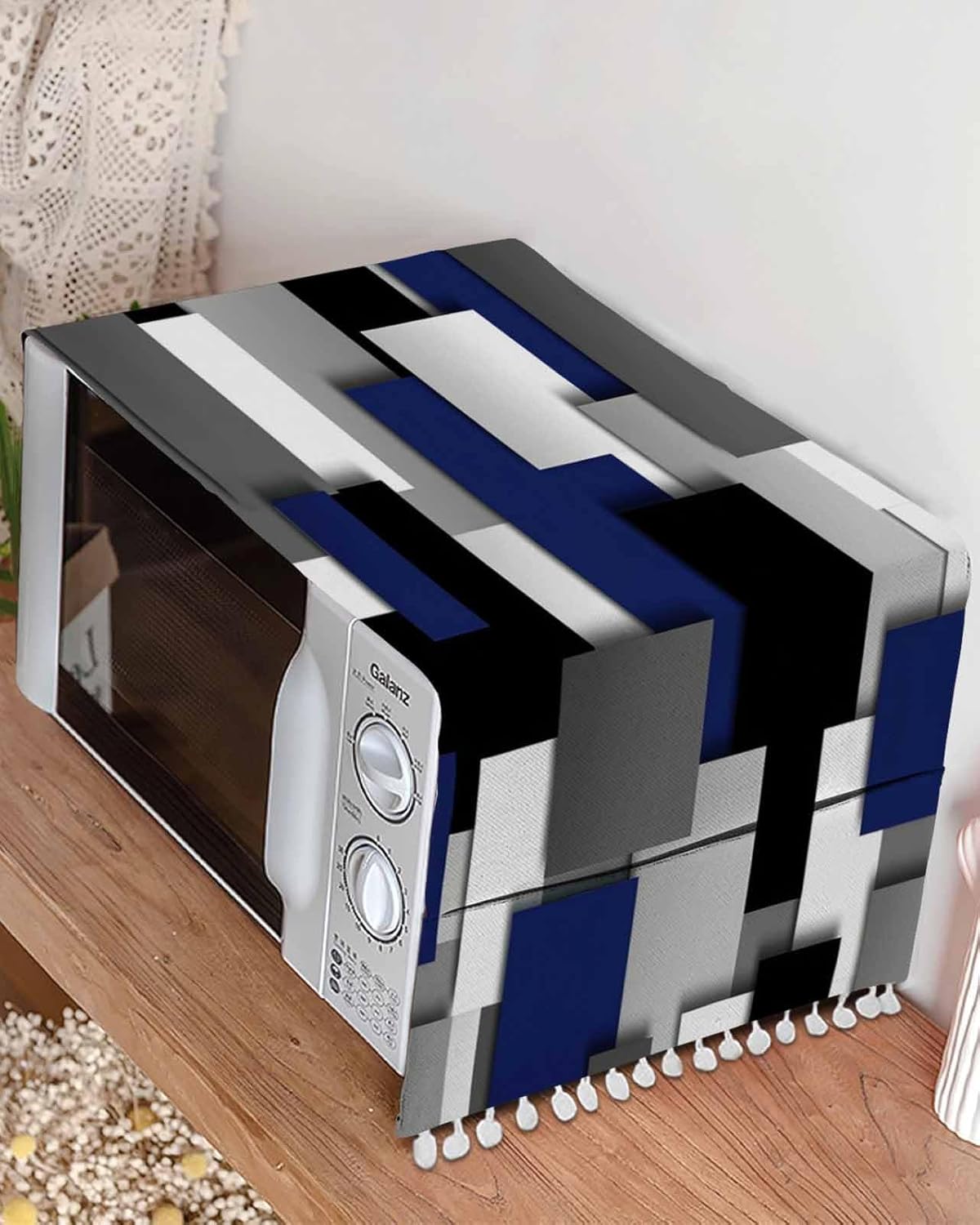 Abstract 3D Art Microwave Oven Dust Cover - Navy Blue Black Gray, Anti-Slip, 28" X 67" With Storage Pockets