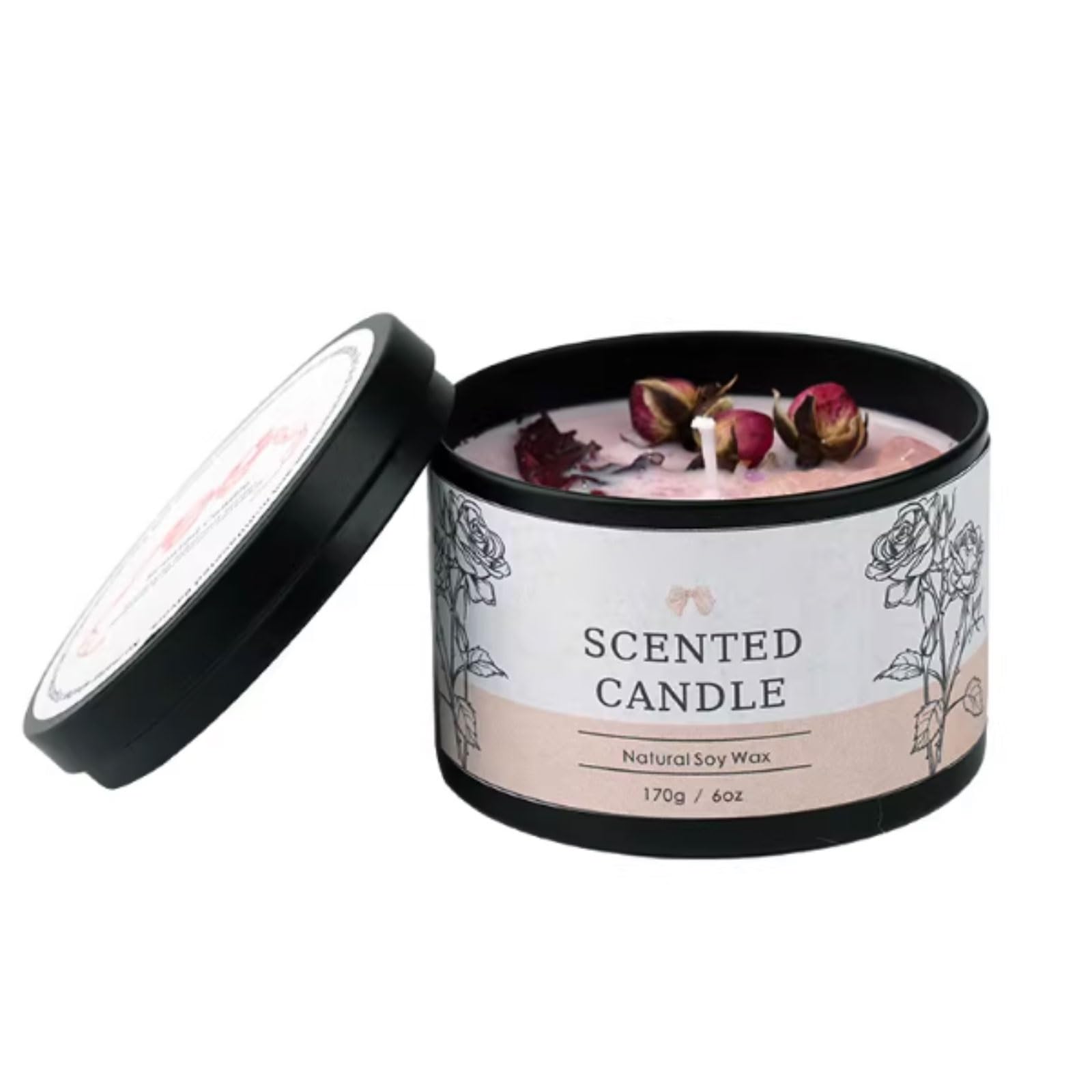 Scented Candle, Iron Sheet Jar Candles with Crystals, Dried Flowers, Soy Wax, Essential Oils, Multicolor(Roze)