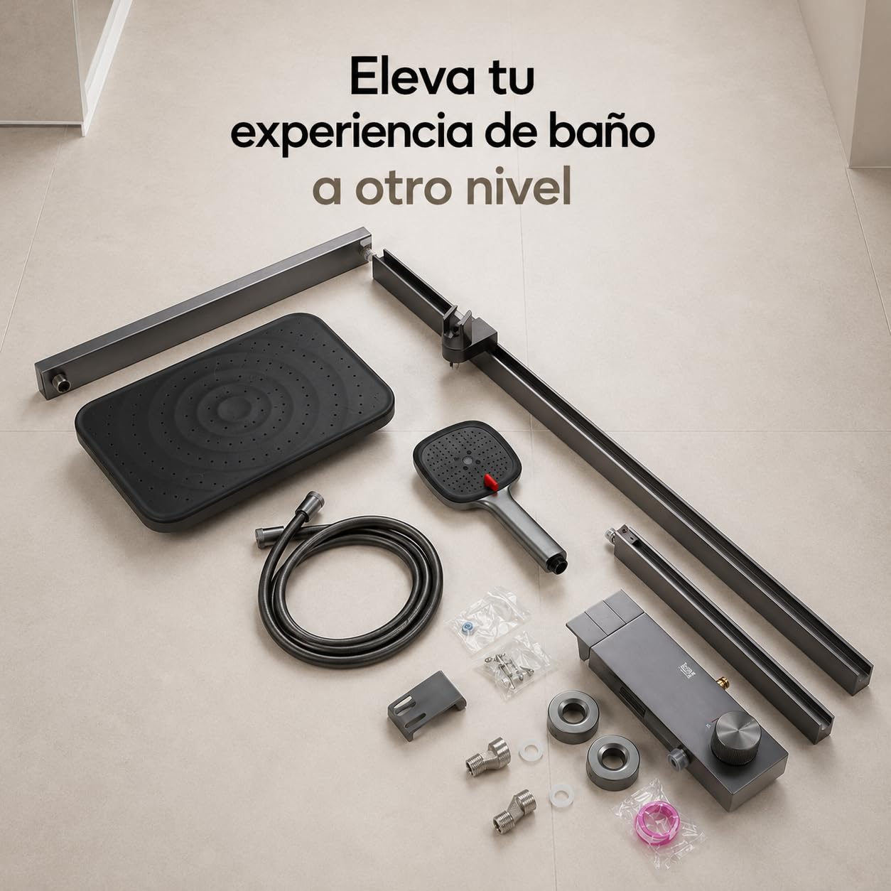 INEX EUROPA Columna de Ducha Negro Gris Titanio Premium Acero Inoxidable 10 Años Garantía - Columna Ducha Cuadrada Efecto Lluvia 3 Modos de Operación - Torre de Ducha 137cm Negro Gris Titanio