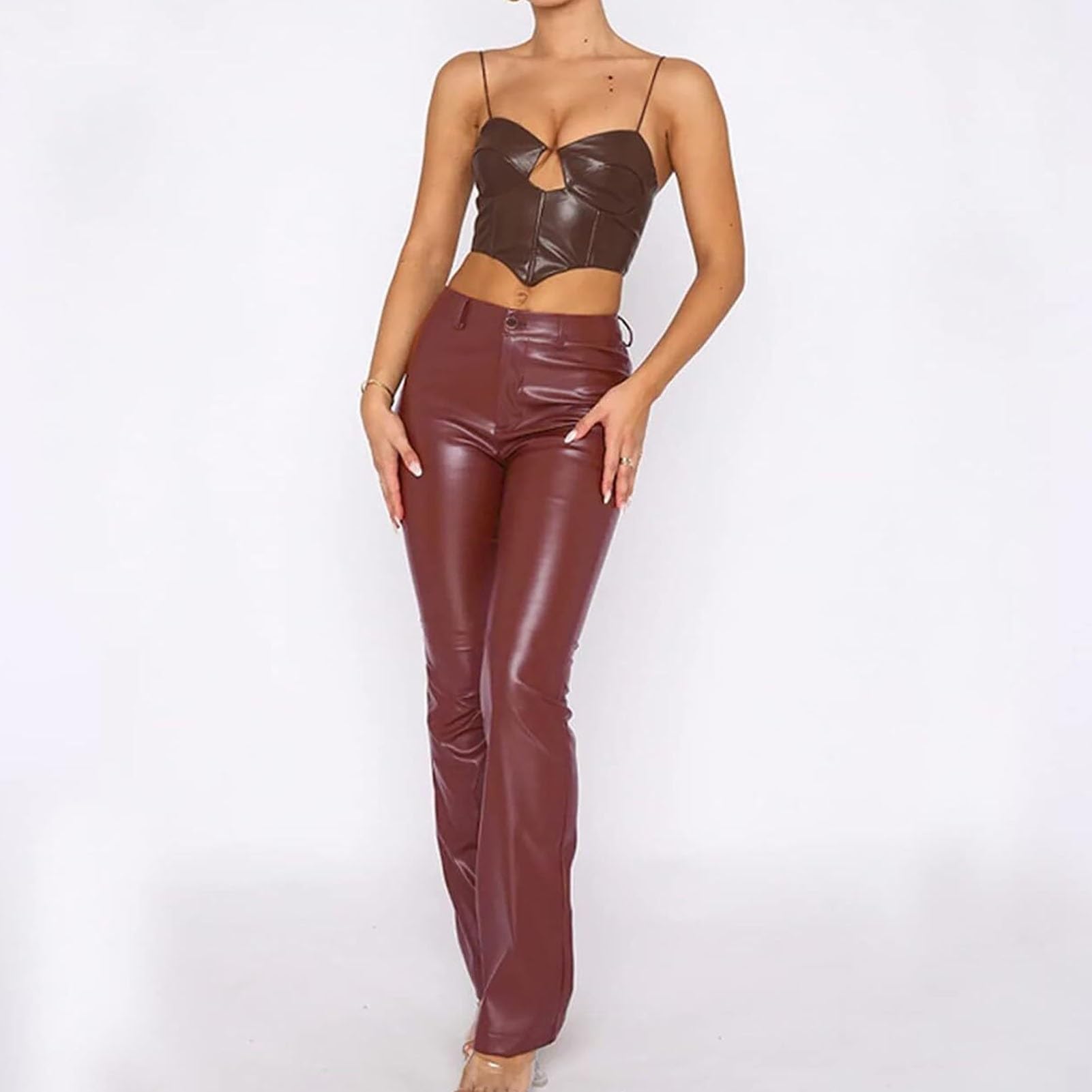 WEITING Damen-Hose In Lederoptik Schlaghosen High Waist Lederhose Bootcut Hose Lederhose