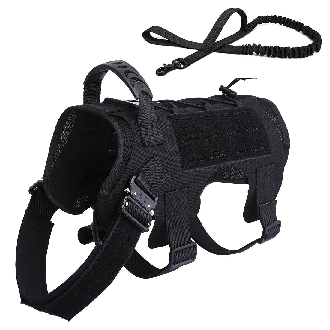 Taktisch Hundegeschirr & Hundeleine Molle Hundeweste Verstellbar Gepolstert Atmungsaktiv Brustgeschirr für mittelgroße, große Hunde Outdoor Wandern (Schwarz, M)
