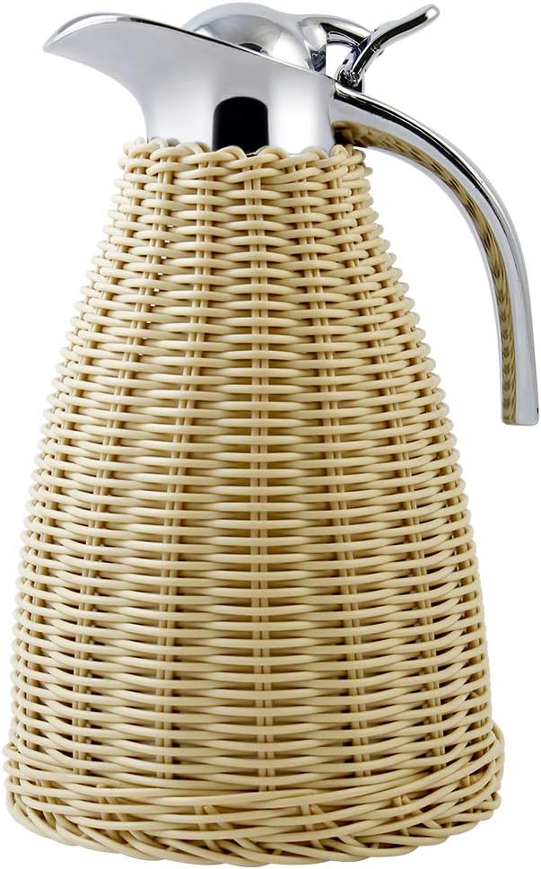 TOMAKEIT Stainless Steel Coffee Thermal Carafe - 1.5 Litre/50 Oz Double Walled Vacuum Insualted Carafe with Handmade Rattan Body - 20 Hour Heat&Cold Retention