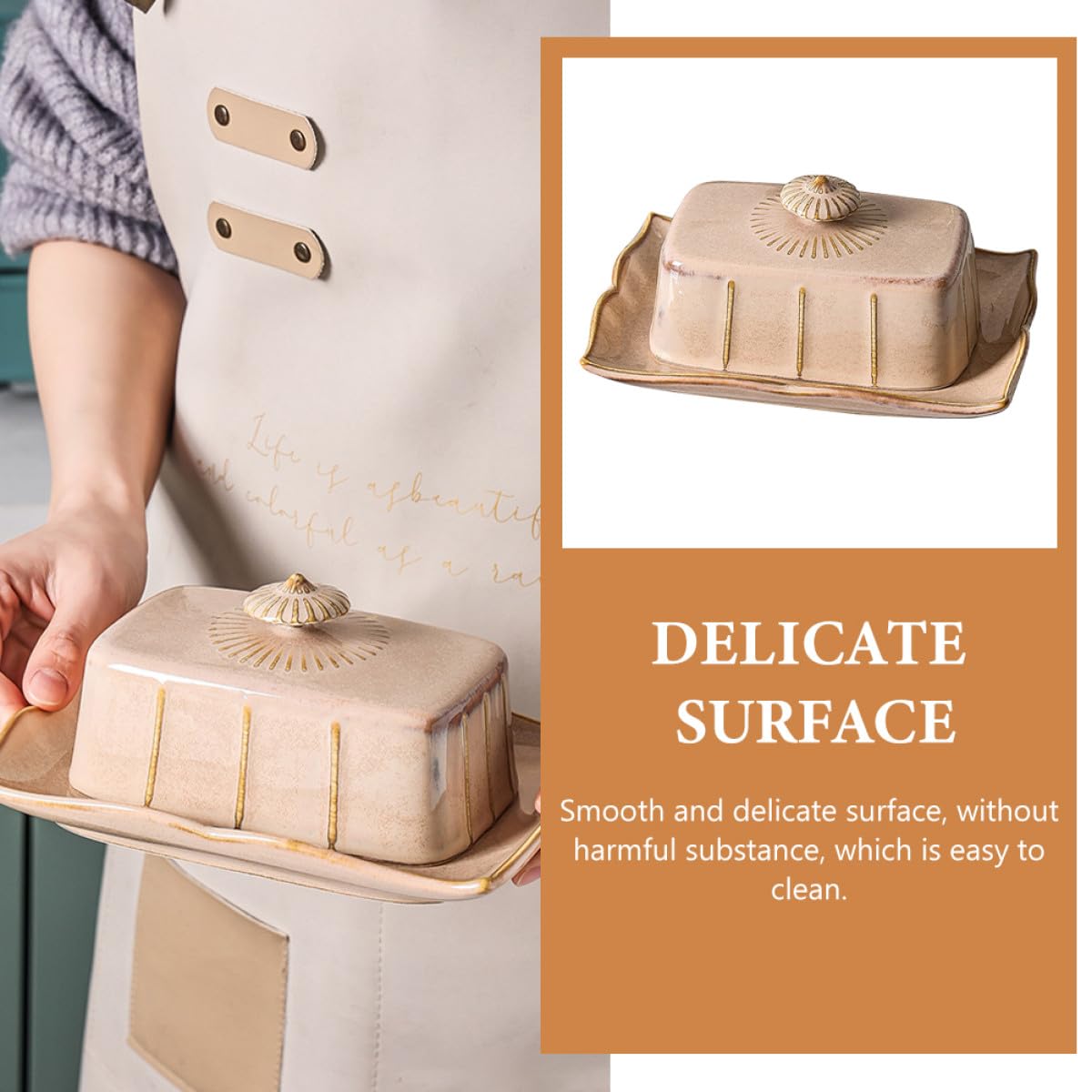 VALICLUD Beurrier Plat à Beurre Rectangulaire Khaki en Céramique avec Couvercle Conserve la Fraîcheur et Réduit Odeurs pour Maison et Restaurants au Réfrigérateur