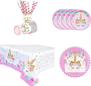 74Pcs Magical Unicorn Birthday Party Decorations for Girls ,Baby Shower Party Supplies Tableware Set ,Unicorn Cup Plates Napkins Paper Straw and Tablecloth,Serves 16 Guests