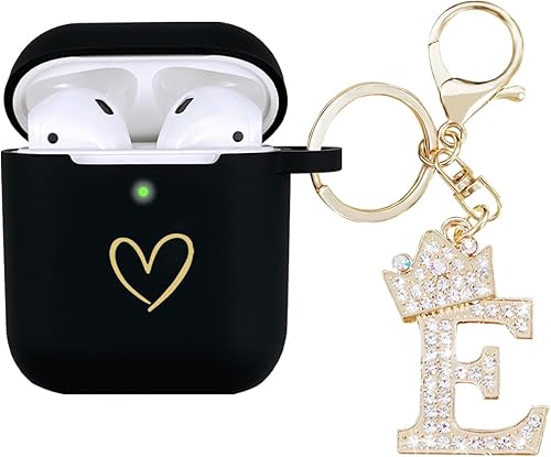 Funda compatible con AirPods, funda de silicona suave con patrón de corazón dorado para AirPods de 2 y 1 generación, con llavero de letra A-Z con