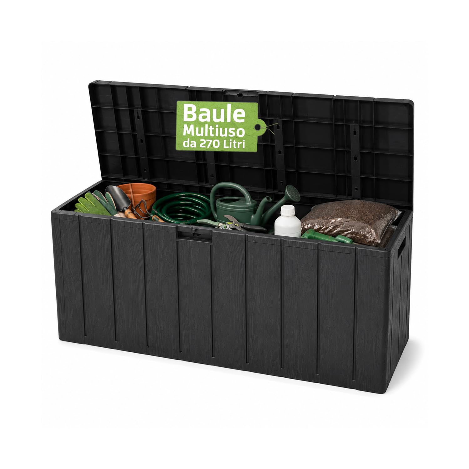 Baule Multiuso da Esterno e Interno 270 Litri in Resina Effetto Legno — Cassapanca Contenitore con Seduta, Antracite, per Giardino, Terrazzo e Casa