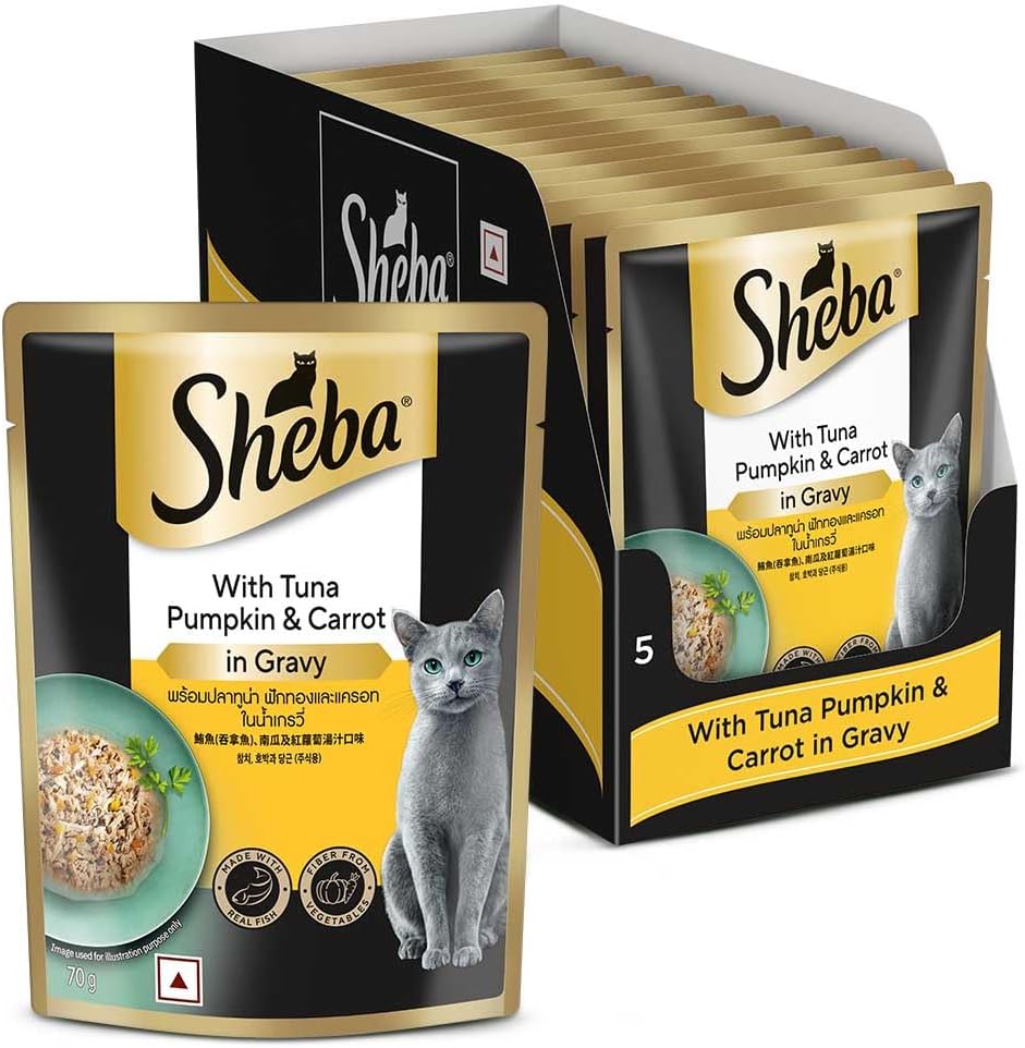 Sheba Fine Premium Adult (1+ Years) Wet Cat Food, Tuna Pumpkin & Carrot in Gravy, 70 g Pouch (Pack of 14), High-moisture gravy cat food for healthy hydration