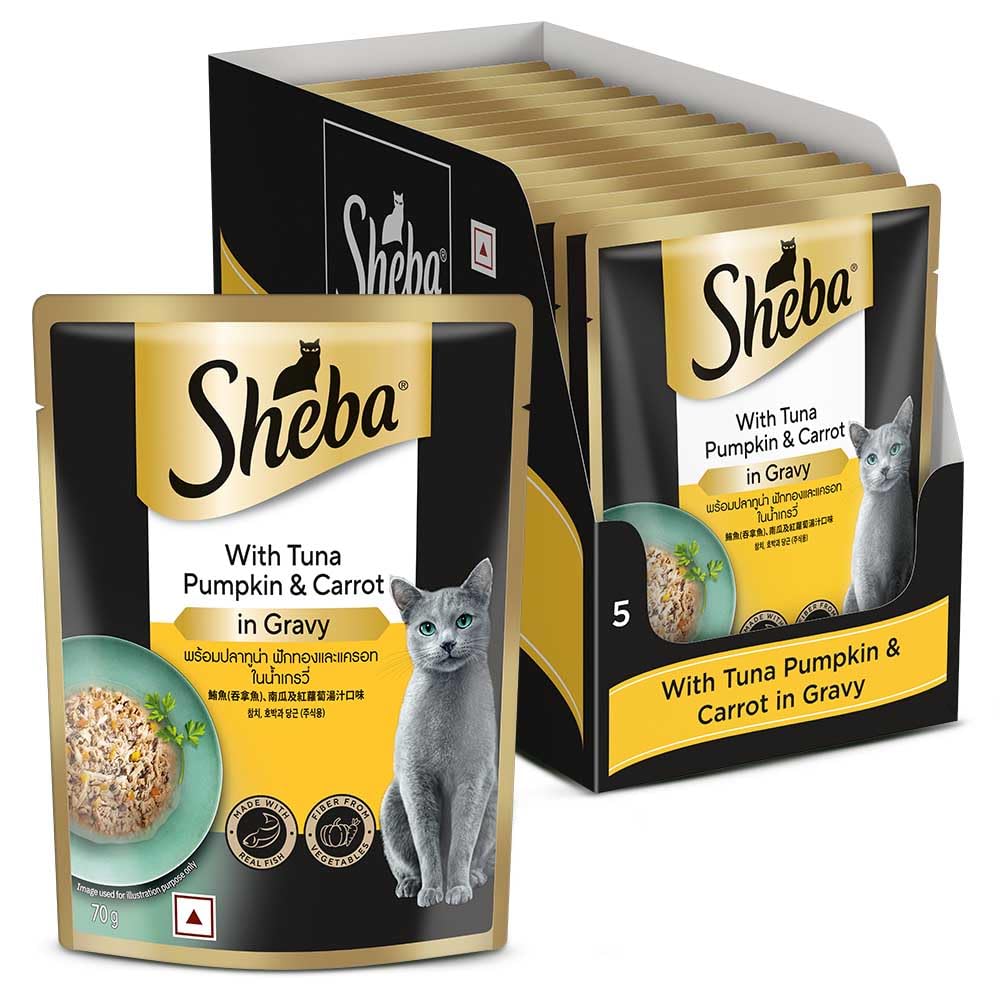 Sheba Fine Premium Adult (1+ Years) Wet Cat Food, Tuna Pumpkin & Carrot in Gravy, 70 g Pouch (Pack of 14), High-moisture gravy cat food for healthy hydration