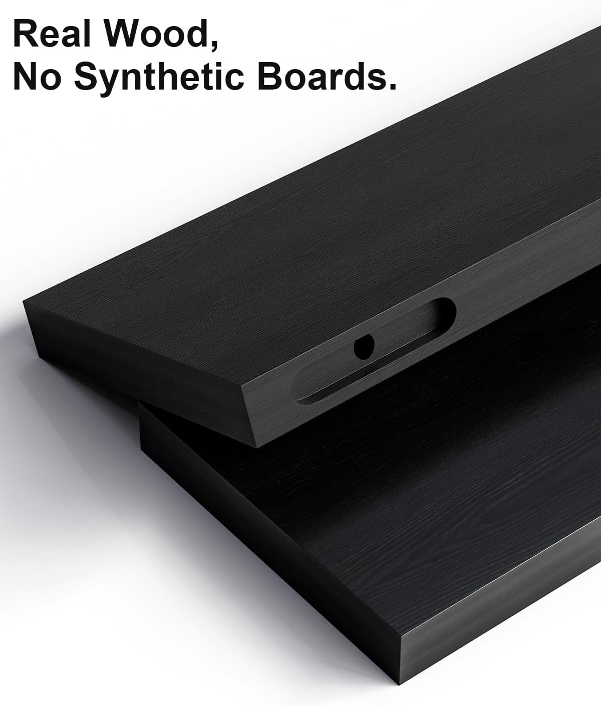Solid Wood Floating Shelves for Wall – 16 Inch Floating Shelf for Kitchen, Bedroom, Living Room, Bathroom - Mounted Bathroom Shelves with Invisible Brackets (Black, 2 Pack)