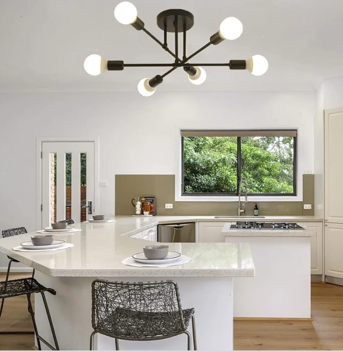 Sputnik Semi Flush Mount Ceiling Light, 6-Light Black Fixture, E27 Bulb Base, 51cm Mid-Century Modern Ceiling Lamp for Kitchen, Dining Room, Living Room-picture-32