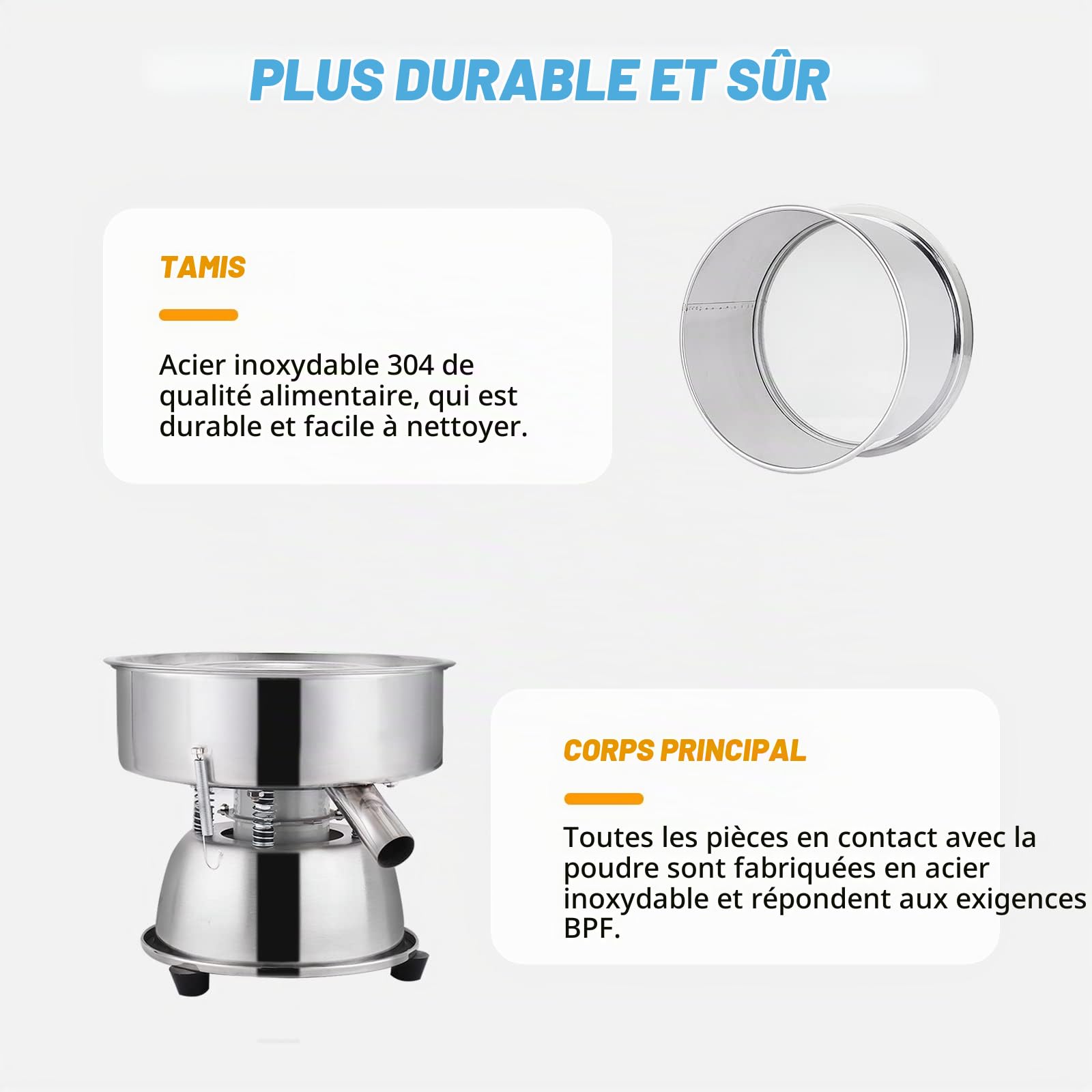 YUCHENGTECH Tamis Vibrant Électrique avec Tamis de 40 mesh Tamis à Farine Électrique Tamis Vibrant Automatique Tamis Vibrant en Acier Inoxydable pour le Tamisage de Farine/Poudre de Cacao 1150rpm 50W
