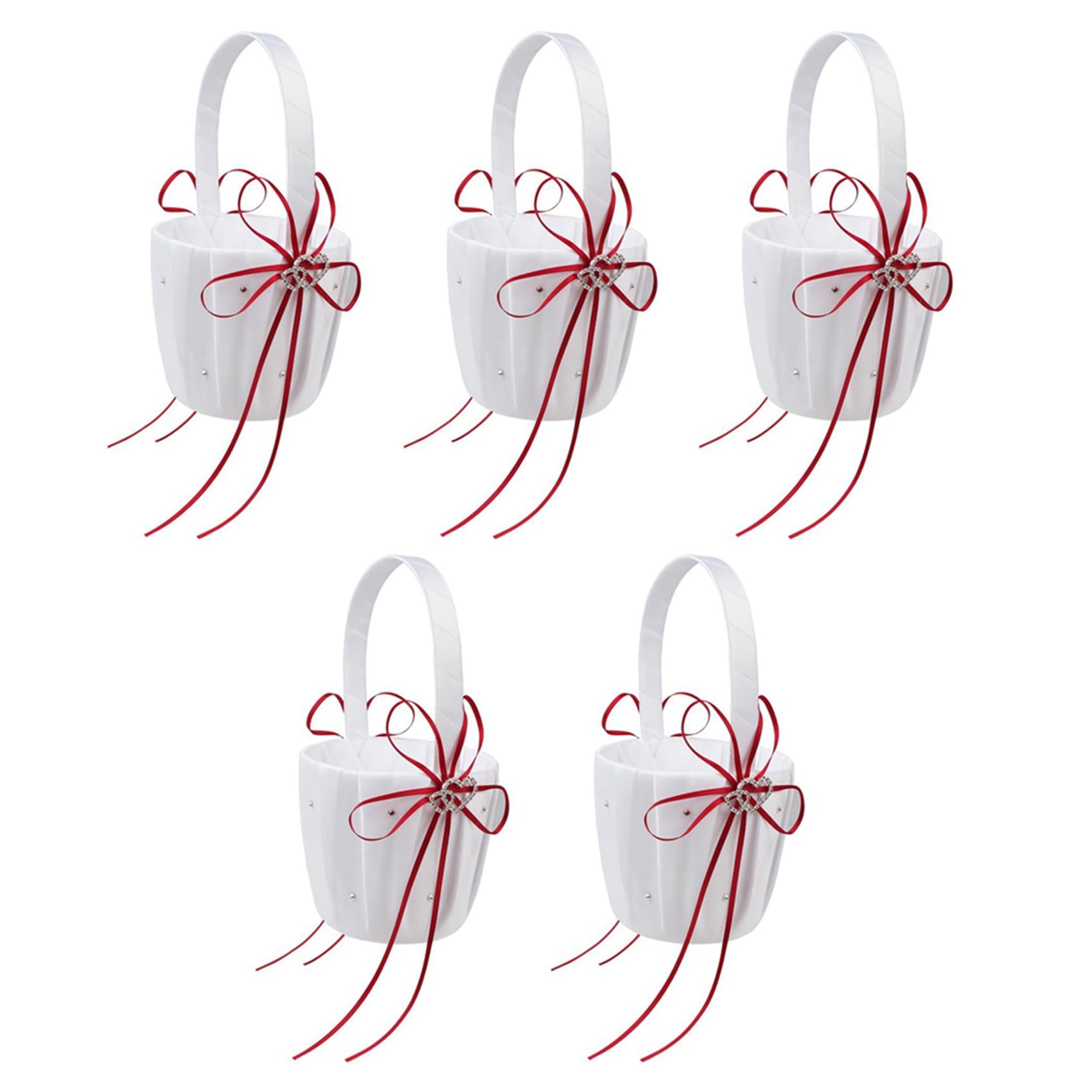 Panier fleur fille de mariage en satin blanc et double cœur strass rouge haut de gamme