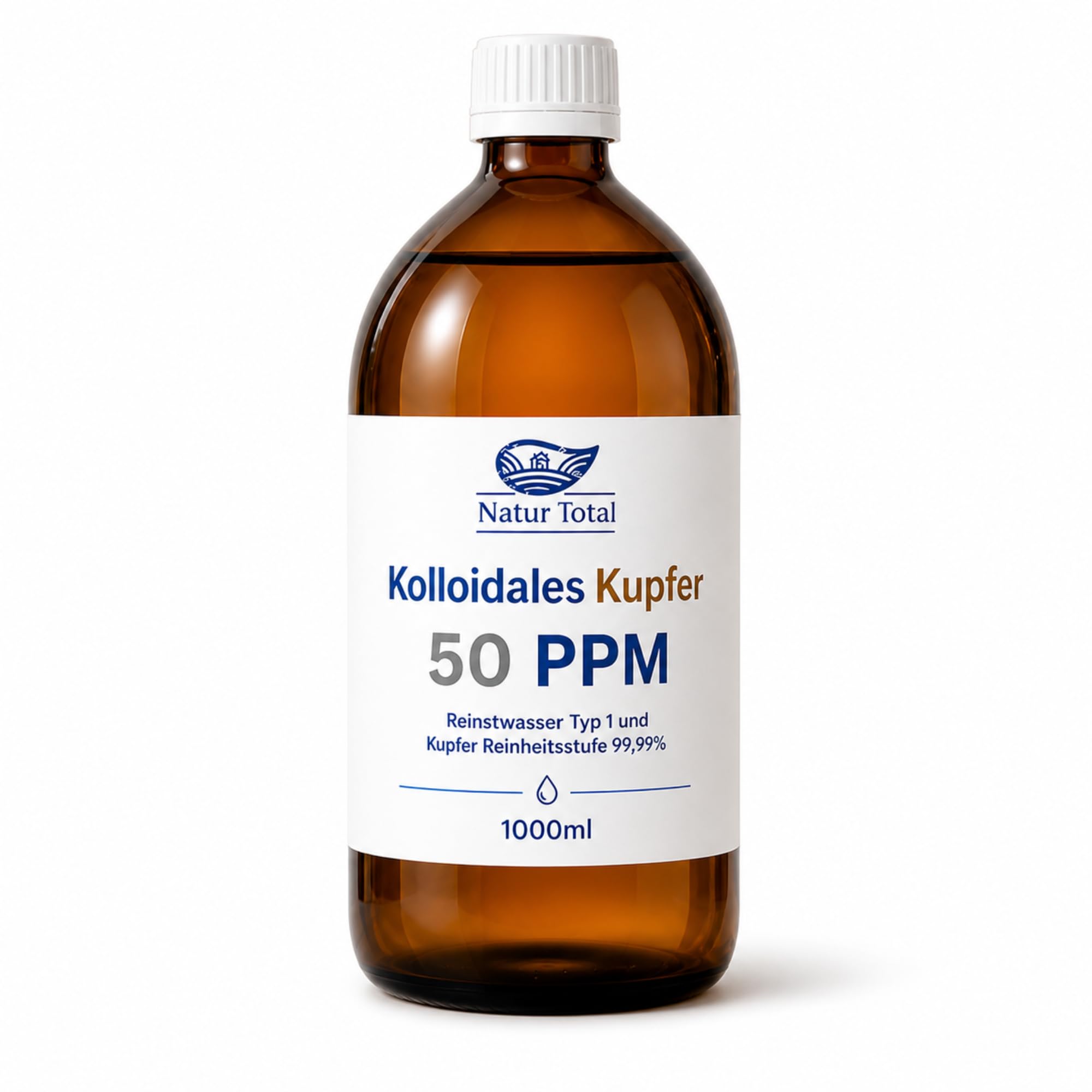 Natur Total Kolloidales Kupfer 50 PPM 1000ml XL-Flasche | Apotheker-Braunglas | Reinstwasser Typ 1 | 99,99% Kupfer | Hochreine Kolloid-Lösung | Ionic-Pulser-Verfahren | Made in Germany seit 2011