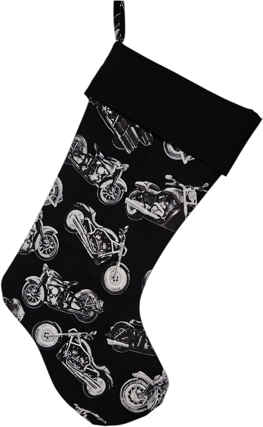 Motorcycle Quilted Christmas Stocking, Black with Silver Motorcycle Print, 9.5 x 19 Inches