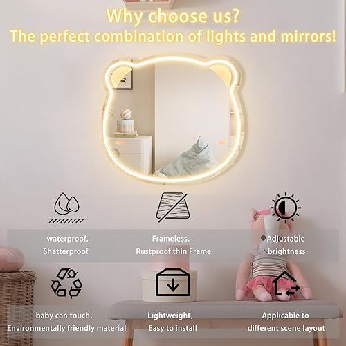 Miniatura 3 de Espejo de pared con letrero de neón de oso, espejo ligero regulable e inastillable con luces LED para dormitorio, habitación de los niños y