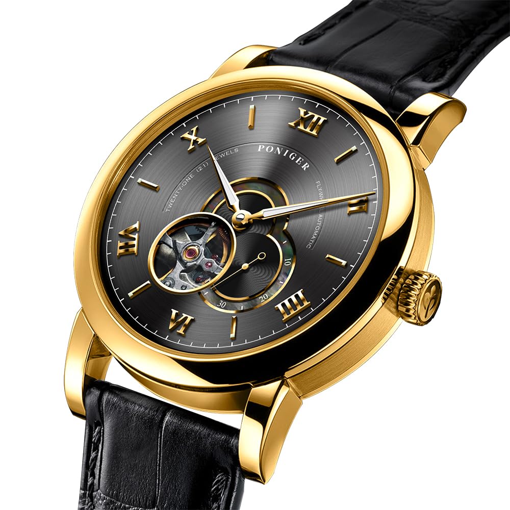 LOBINNI Herren-Armbanduhr, automatisch, mechanisch, modisch, wasserdicht, leuchtend, luxuriös, goldfarben, Lederarmband/Edelstahl