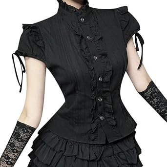 Women Goth Turtleneck Crop Top Short Sleeve Fairycore Grunge T-Shirts Vintage Y2k Fashion Clothes Mall Gothic Shirt