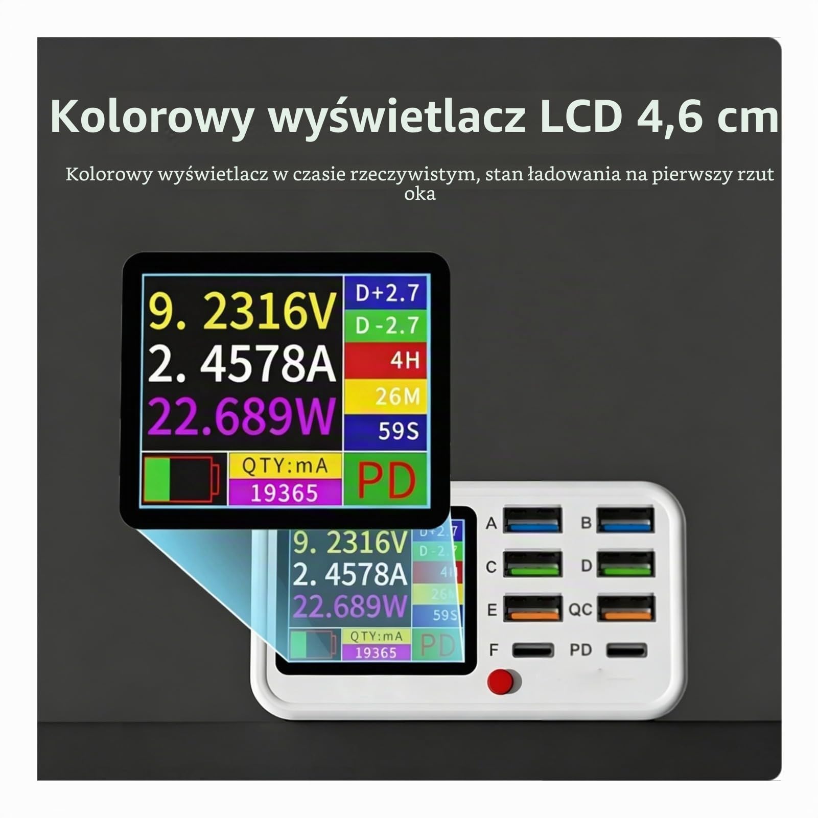 Cuifati Stacja ładowania Bezprzewodowego USB, 65W 8 Port Stacja ładowarka USB z Wyświetlaczem Ekranu, Multi Urządzenia Inteligentna Organizator Komputerów (wtyczka UE)