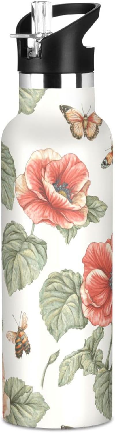 Botella de agua rústica de begonia blanca, para niños con tapa de boquilla a prueba de fugas, doble pared aislada al vacío, a prueba de fugas, libre