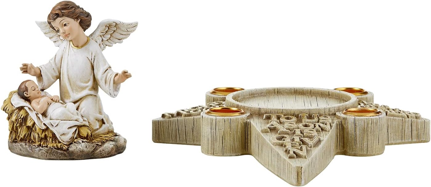 CBC Group Avalon Gallery - Sculpted Resin Advent and Christmas Candle Holder, 2-Piece, Angel Nativity Wreath