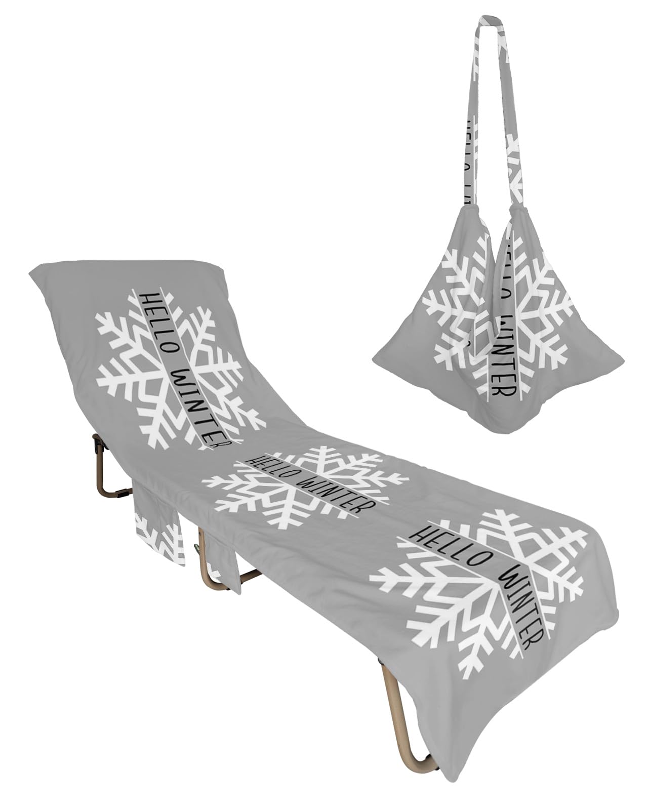 Grey Snowflake Christmas Beach Lounge Chair Towel Cover, Soft Chaise Lounge Towel with Side Pockets Patio Pool Chairs Cover for Beach/Pool Sunbathing 29x85 Hello Winter Snowflake