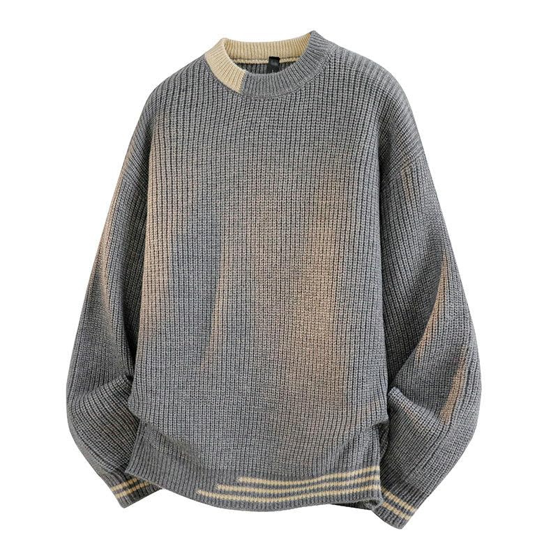 Pull homme tricot chaud col rond manches longues hiver patchwork