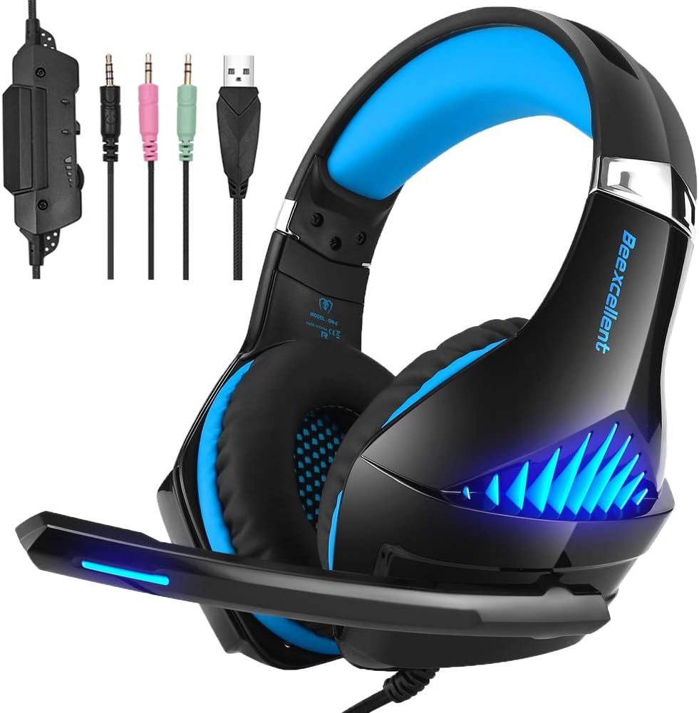 Gaming Headset Compatible for Xbox One, Fuleadture Stereo PS4 Headset with Mic, Noise Cancelling Over Ear Headphones with Surround Sound, LED Light, Soft Memory Earmuffs for PC Laptop
